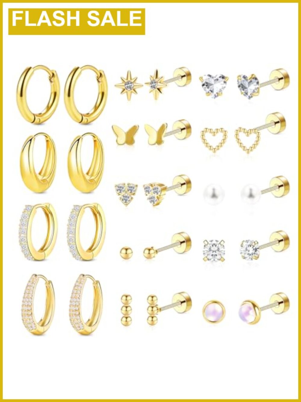 14K Gold Plated Flat Back Earrings Hypoallergenic Screw Back Hoop Stud Set